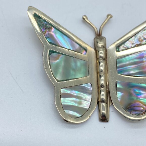 Vtg Sterling Silver Abalone Butterfly Brooch Signed Alpacha Shell Inlay Mexico - Picture 2 of 12